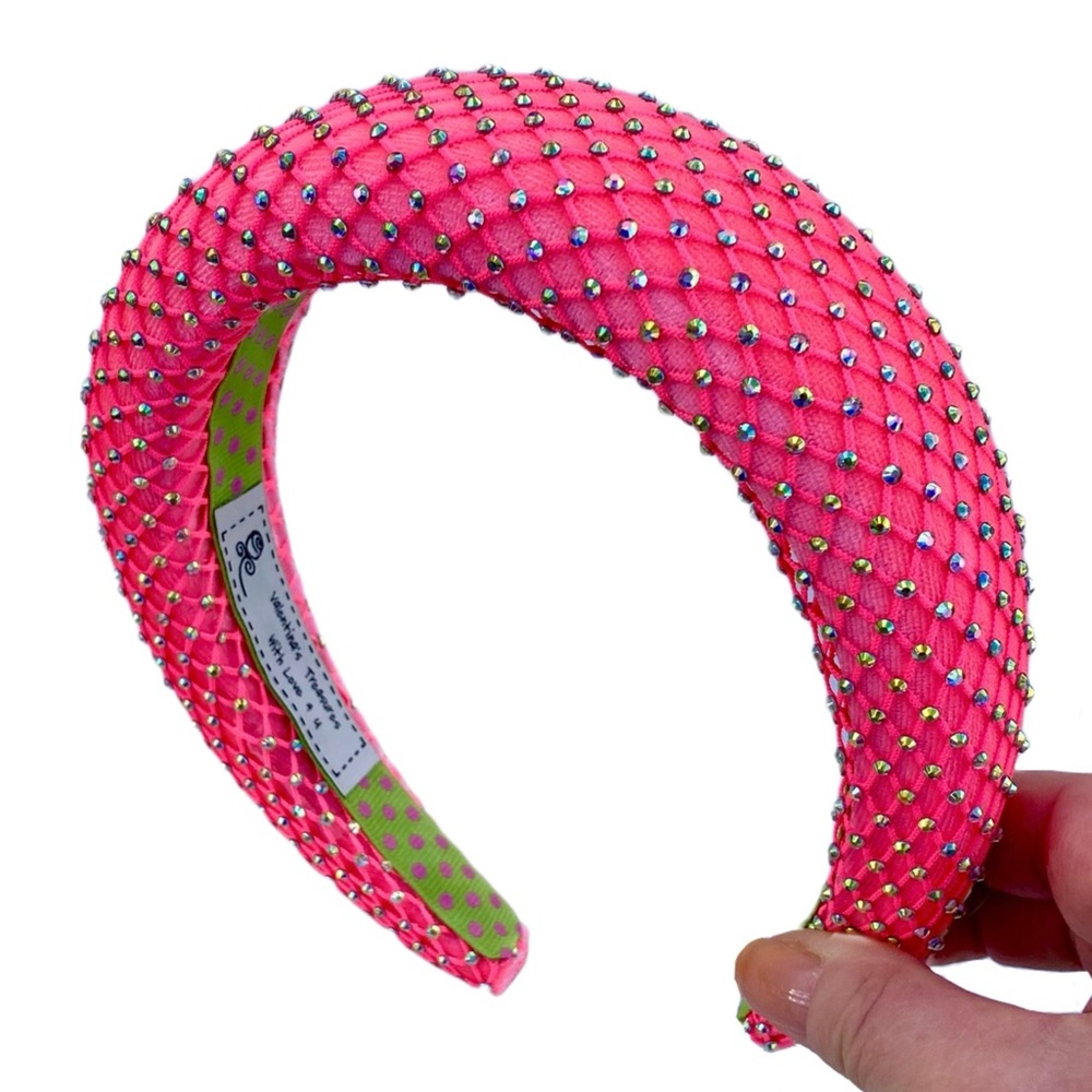 Hot Pink Padded 1.5” Headband with Rhinestone-Adorned Mesh Overlay Handmade New